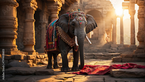 An elephant is standing in front of a temple. 