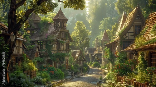Fantasy medieval village scene, picturesque, clear background,
