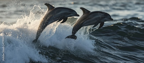 Two dolphins leaping out of the blue ocean water, splashing waves in their wake
