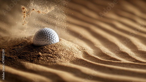 Golf ball making impact in sand trap, sand grains flying, dynamic sports moment captured.