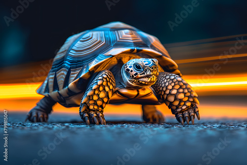A terrestrial organism, Kemps ridley sea turtle, is crossing a road at night
