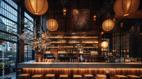 A dark and moody Japanese inspired bar with large windows, modern, sleek lighting, hanging paper lanterns, dark oak wood accents, black walls, white concrete counter top. Generative AI.