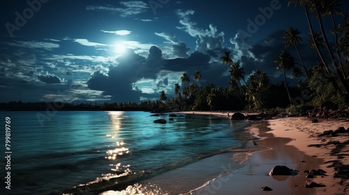 The moon is shining brightly over the ocean. The waves are gently lapping at the shore.