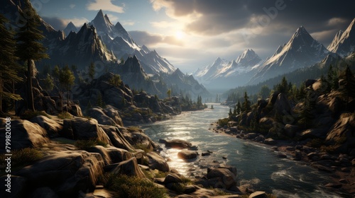 A beautiful landscape with snow-capped mountains, a river, and dense forests.