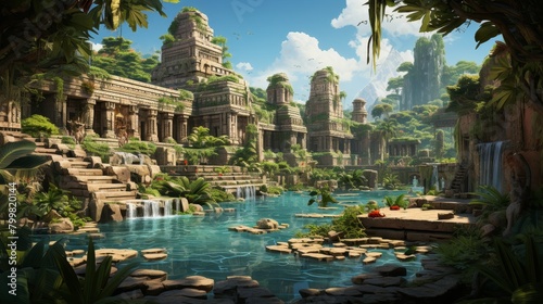 A beautiful overgrown temple complex with waterfalls and vegetation