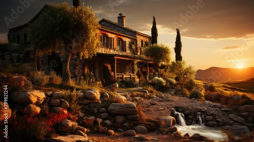 A beautiful landscape of a Tuscan villa at sunset with a stream in the foreground and cypress trees in the background.