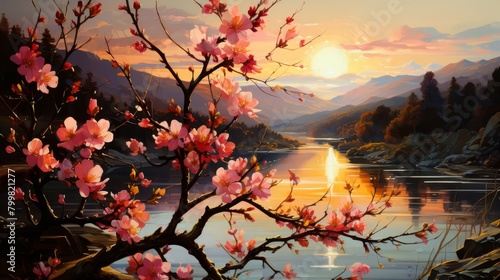 A cherry blossom tree in full bloom against the backdrop of a setting sun over a calm lake and mountains in the distance.