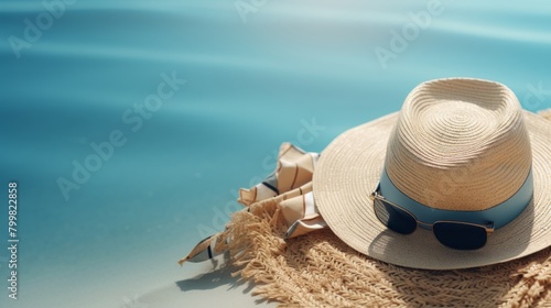 Beach accessories on the sandy seashore. Summer vacation concept. Straw hat, blue coat, and sunglasses on the sand. Space for text.