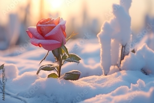 Vibrant Rose Blooming in Snowy Winter Landscape