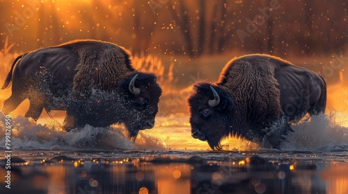 Two buffalo are fighting in a river