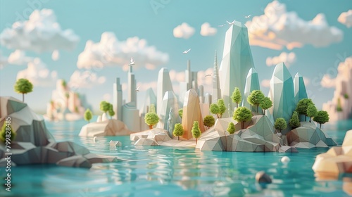 A low poly city on an island with a large body of water and a blue sky.