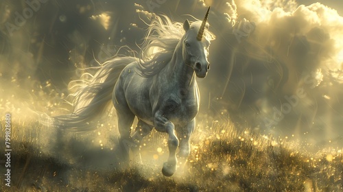 Majestic Mythical Unicorn Galloping Through Ethereal Landscape