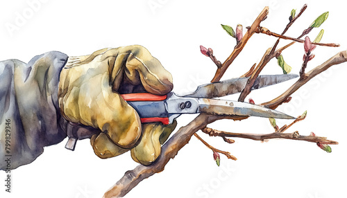 Gardener hands in gloves. Cutting branch with pruning shears. Watercolor illustration on white background