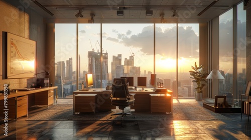 An empty office with a view of the city at sunset.