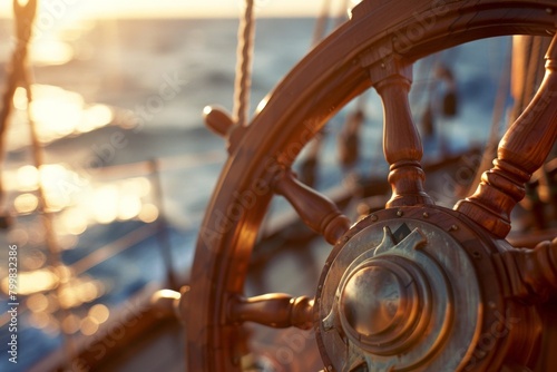Steering wheel of a boat with a sun setting in the background