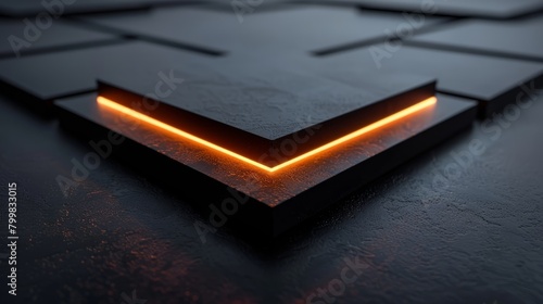 Black and orange glowing neon square pedestal podium on dark background.