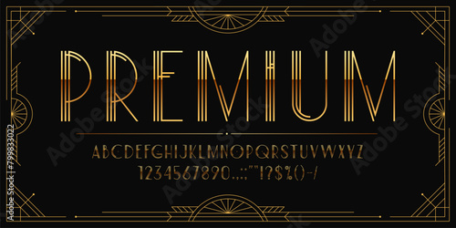 Art deco font, golden type, 1920s elegant typeface, vintage English alphabet with gold letters in sophisticated opulent style. Vector linear ornate uppercase abc script, numerals, special characters
