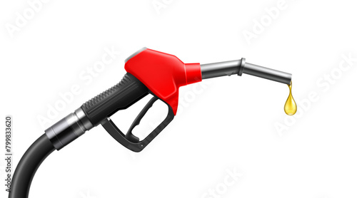 Realistic fuel nozzle, isolated 3d vector gas gun with dripping yellow drop of petroleum. Fueling pistol for petrol or gasoline fill, oil handle pump dispenser, ethanol biodiesel refuel station