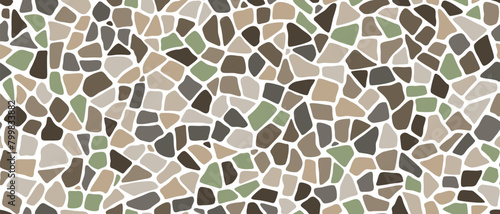 Mosaic pebble stone ground pattern with rock texture. Pebble, gravel and cobblestone floor or wall tile vector background. White, gray and brown pavement surface abstract geometric pattern background