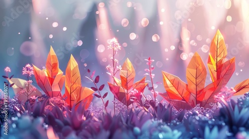 Fantasy landscape with glowing plants and flowers in a surreal and vibrant color scheme.