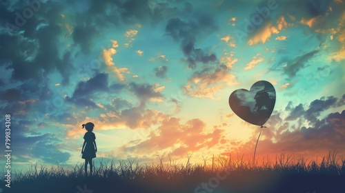A solitary child gazes at the distant horizon, clutching a heart shaped balloon, Ai Generated