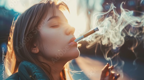 Young woman exhales smoke, struggling with nicotine addiction, Ai Generated