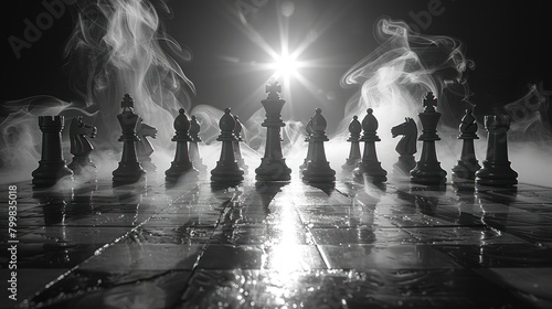 tableau of intellectual combat. The smoke weaves through the pieces like whispers of strategy, setting a scene where every pawn harbors the potential for victory or defeat.