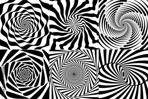 Hypnotic spiral swirl, psychedelic hypnosis patterns. Vector swirling black and white backgrounds with spinning vortex. Optical illusions twists, twirls and radiant stripes for hypnotherapy effect