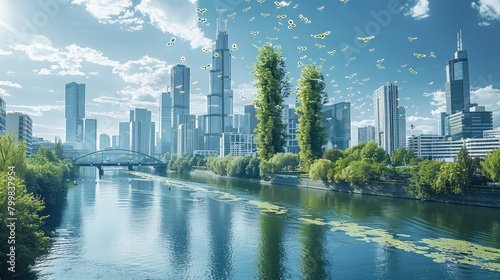 The main river in city and the skyline in the future, future city, very high new skyscrapers with plants. Generative AI.