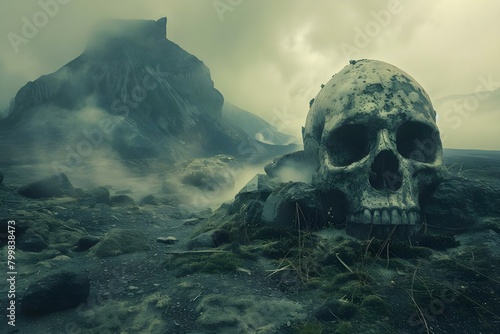 Mystical scenery featuring a colossal skull-shaped volcanic mountain in a foggy and desolate cursed land. Concept Mystical Scenery, Volcanic Mountain, Skull-Shaped, Foggy, Desolate Land