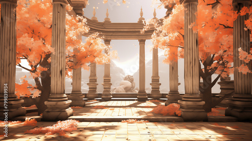 garden of orange colors cherry blossoms, trees and columns background