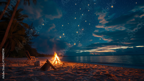 Beach campfire under the stars, tropical island background, night sky with many bright constellations-Enhanced-SR