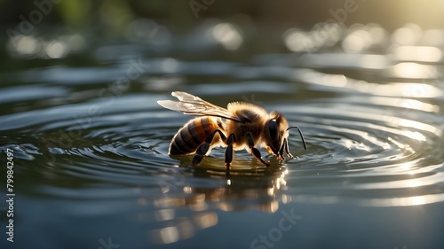/imagine: A honeybee gracefully hovering above a tranquil water surface, its delicate wings shimmering in the sunlight, captured in mesmerizing detail with cinematic lighting. --ar 3:2 --v 4