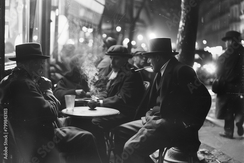 A black and white photo that looks like it was taken of people having a conversation in a cafe in Paris in the 1920s.