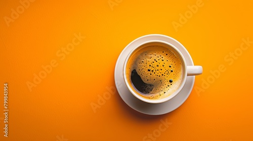 Coffee cup with a orange background and top view. Copy space for text, advertising, message, logo