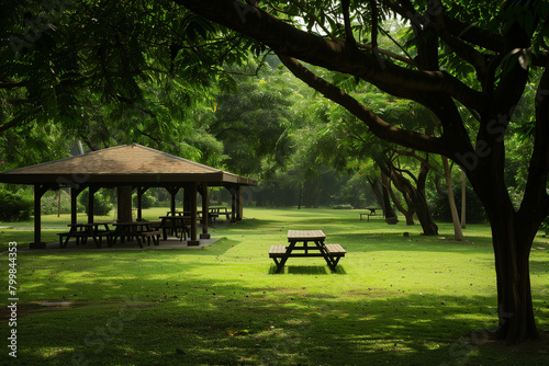 The perfect spot for a peaceful outdoor meal, with a verdant picnic area adorned with lush grass and shaded by leafy trees, creating a minimalist yet inviting ambiance against a ne
