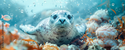 Closeup panoramic view of seal swimming undersea. Animal wildlife concept.