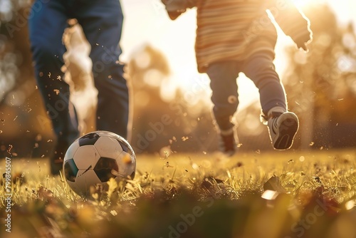 A father and child play soccer together on a sunny day.