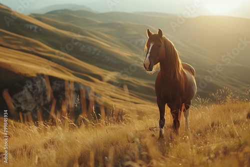 Horses in the evening field. Generative AI