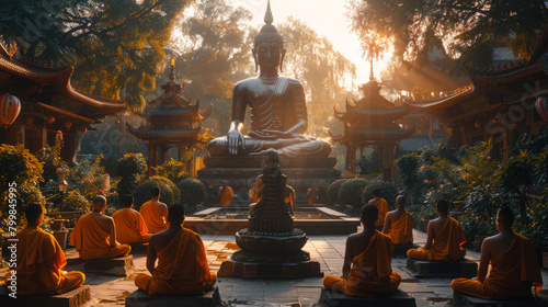 Stunning Grand Buddha Statue with Monks Meditating in Foreground at a Spiritual Retreat