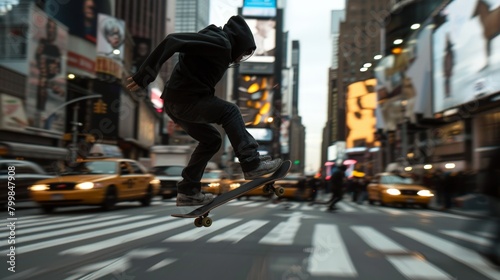 Against the backdrop of a bustling cityscape, the skateboarder's fluid movements become a form of urban dance, weaving through traffic and obstacles with finesse.