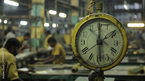 Against the backdrop of a clock ticking away the hours, workers in the factory press on, their determination unwavering as they strive to meet quotas and exceed expectations.