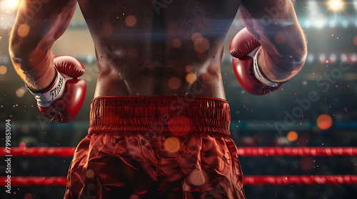 Boxer is standing on the boxing ring from back view