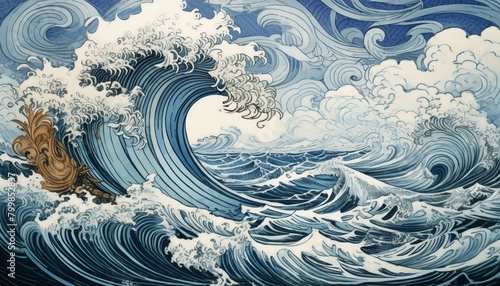海に波風、水の波動が全体に広がっていくイラスト