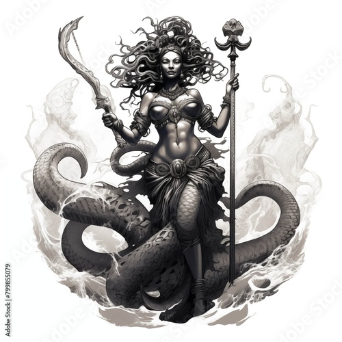 Black and White Illustration of the Mami Wata on a White Background