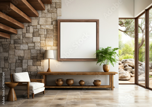 Minimalist Coastal Entryway Interior Design: Stone Tiled Wall, Empty Frame Mockup, Modern Architecture Style