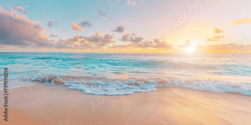 A serene beach scene at sunset showcases soft pastel colors of pink and peach, a calm ocean in the background, and gentle waves lapping against golden sand.