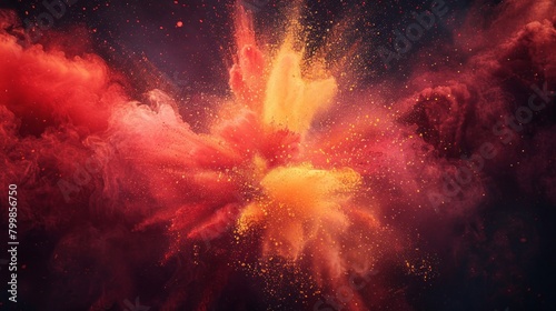 A red and yellow powder explosion occurs against a dark background.