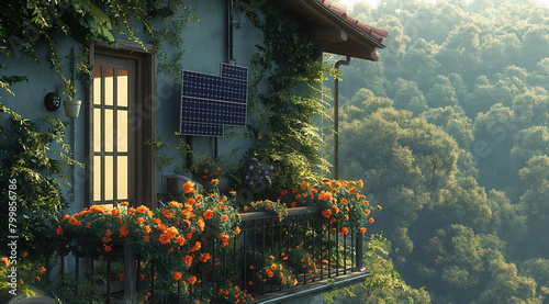 Panneau solaire installé sur le balcon d'une maison écologique, entourée d'une végétation luxuriante et surplombant la beauté de la nature.