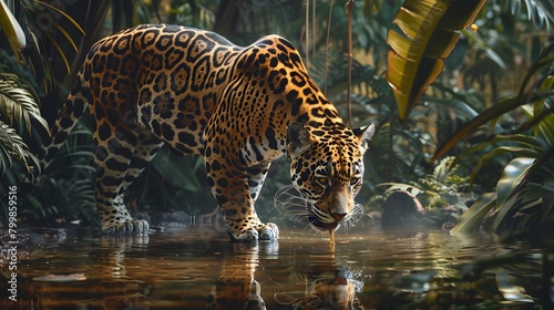 Jaguar drinking at a rainforest waterhole, intense 4K wallpaper
